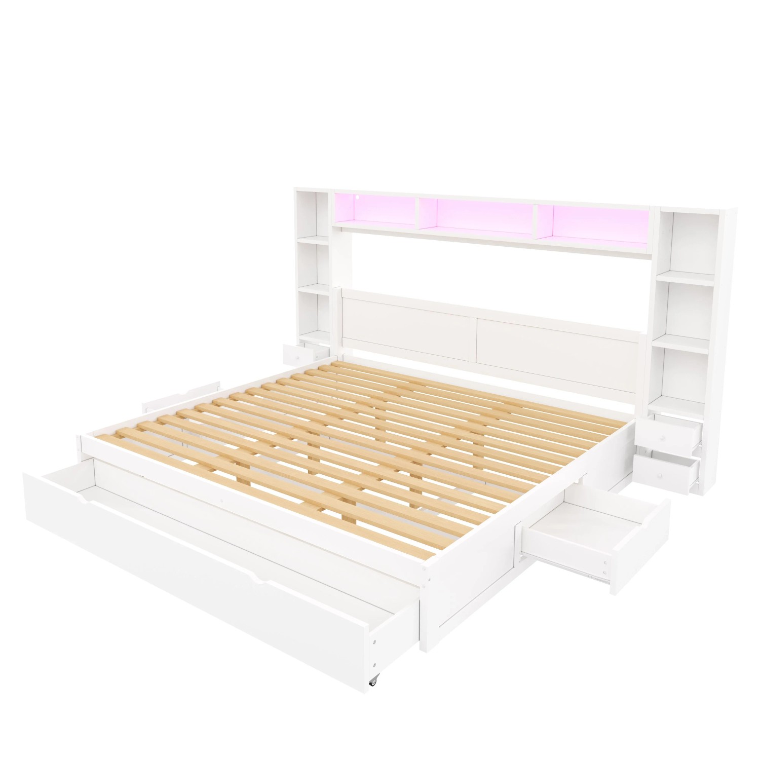 Merax Plattformbett 180x200 cm mit 7 Schubladen Stauraum LED Weiß