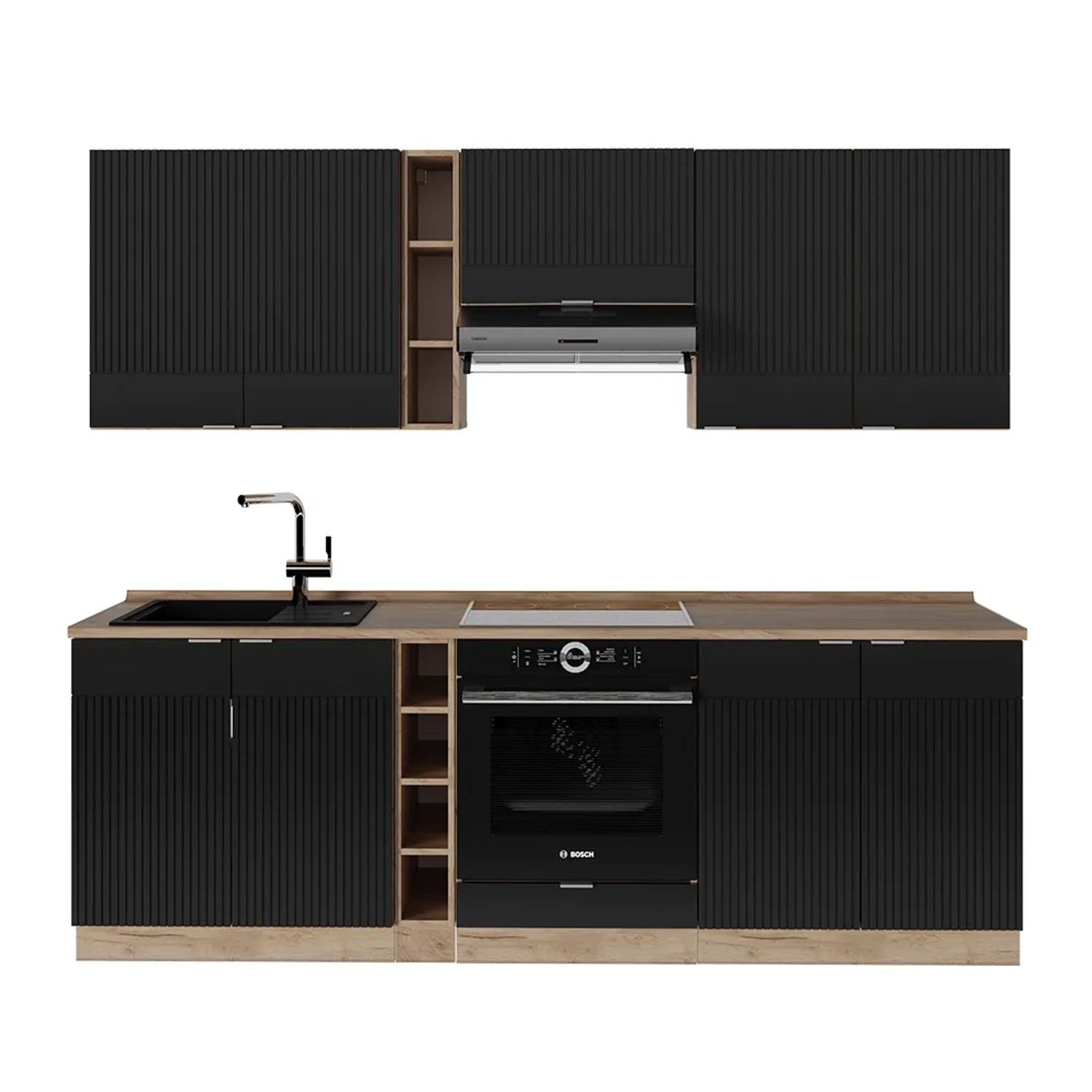 Vicco Fame-Line Küchenzeile Schwarz gestreift/Goldkraft Eiche 235 cm AP Eiche ohne E-Geräte
