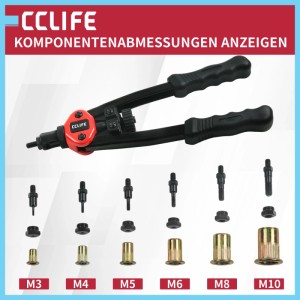 CCLIFE Nietmutternzange Set mit roten Akzenten, inkl. Nietmuttern M3-M10 und Dornen für Metallbau & Reparatur.