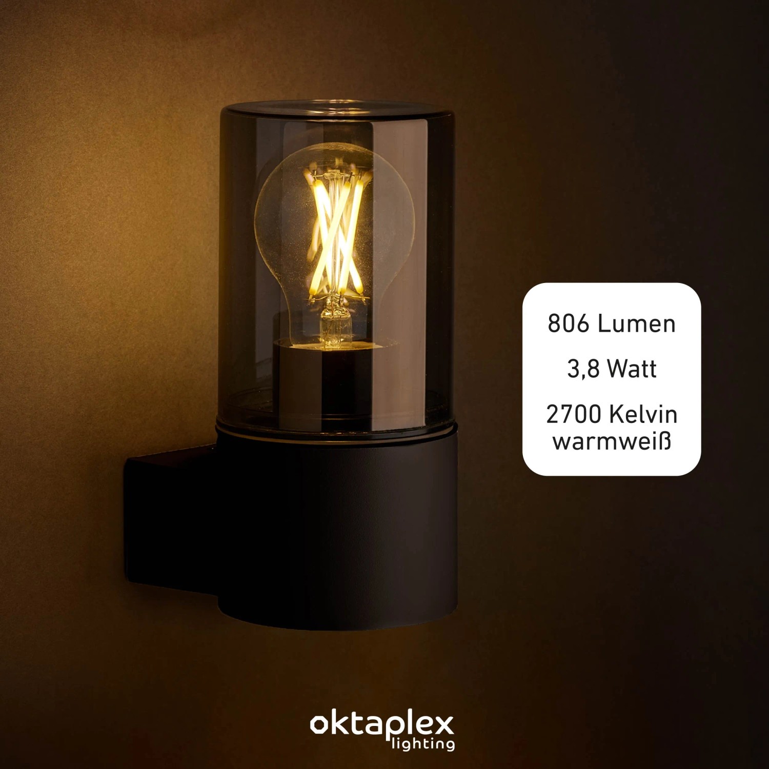 Oktaplex Puno anthrazitfarbene Wandleuchte aus Aluminium mit E27 Leuchtmittel und Rauchglas für den Außenbereich.