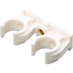 Doppelter Rohrclip Ø 22 mm aus Kunststoff mit M6 Gewindehülse für zwei Rohre.