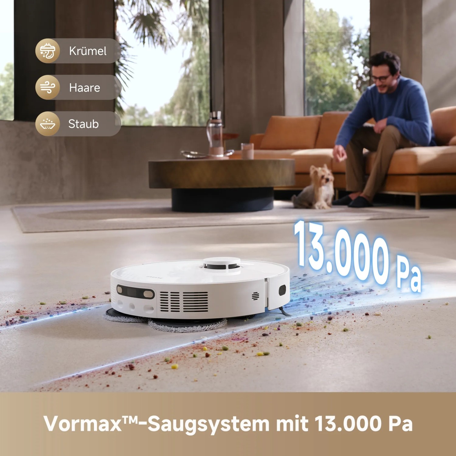 Dreame Saugroboter D20 Ultra in Aktion mit starker Saugleistung gegen Krümel, Haare und Staub.