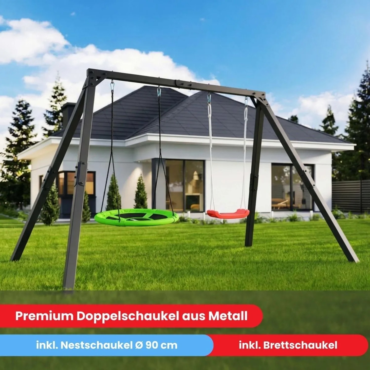 K-SPORT Premium Doppelschaukel aus Metall mit grüner Nestschaukel und roter Brettschaukel im Garten.