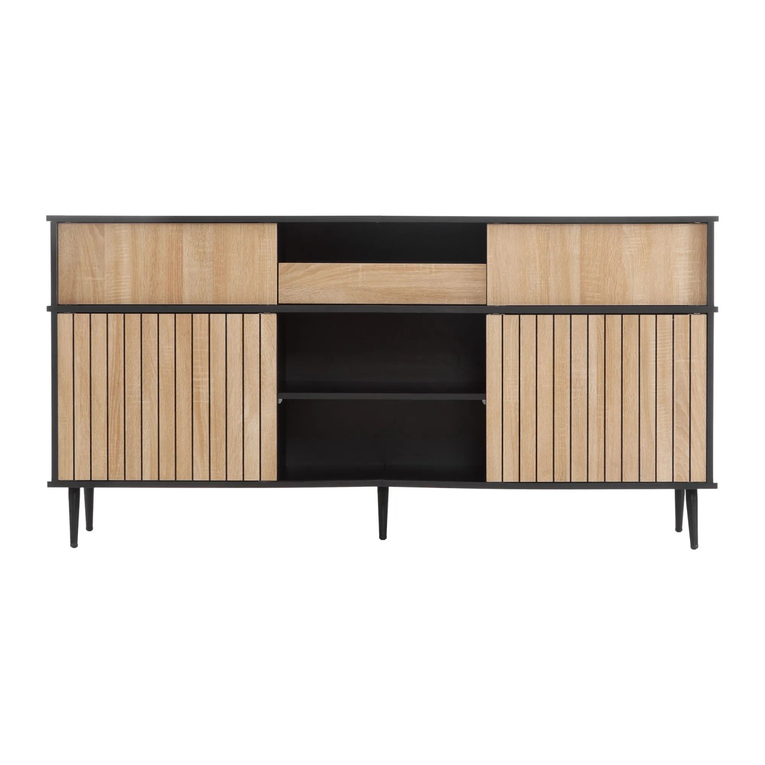 okwish Kommode mit Schiebetüren Schublade Wohnzimmer 160x40x80cm Eiche Schwarz