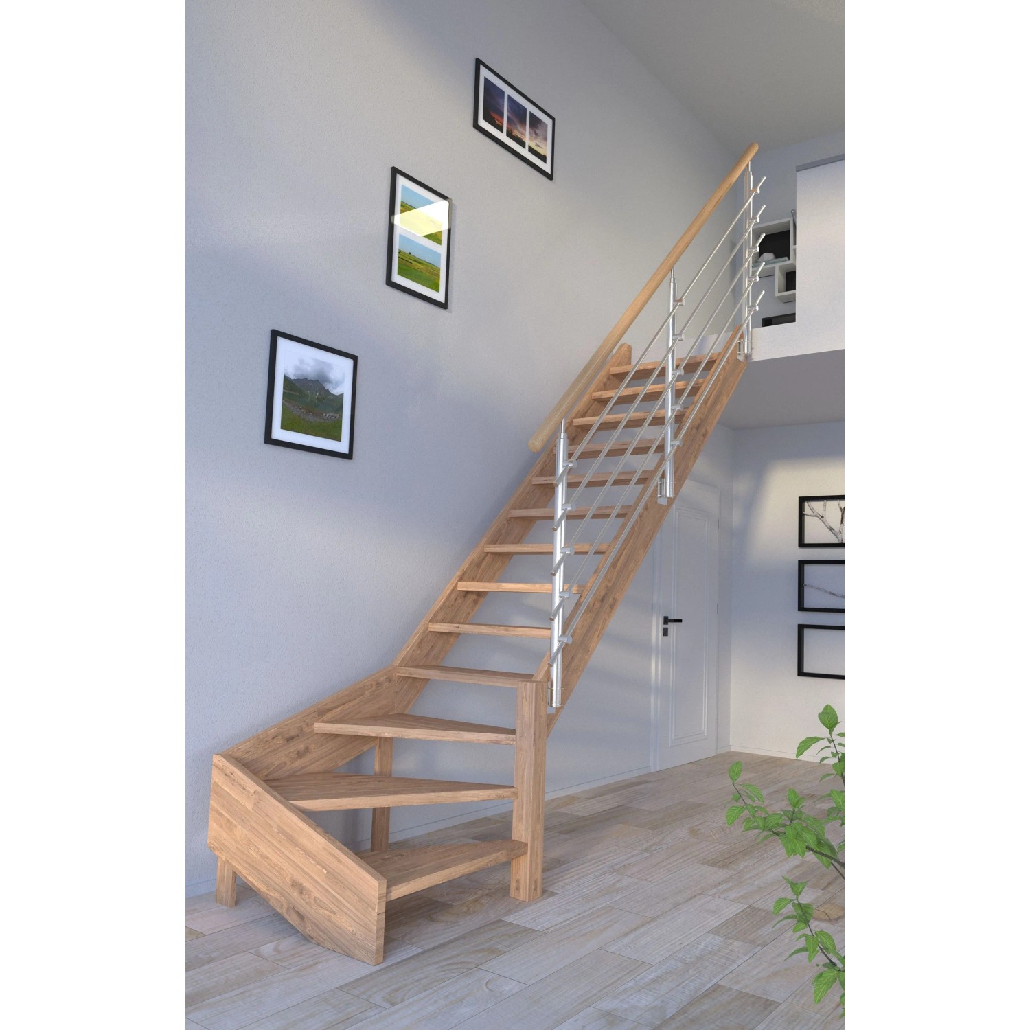 Mykonos Pro Eiche Treppe, 1/4 gewendelt, mit Edelstahl-Designgeländer. Offene Holztreppe, unbehandelt.