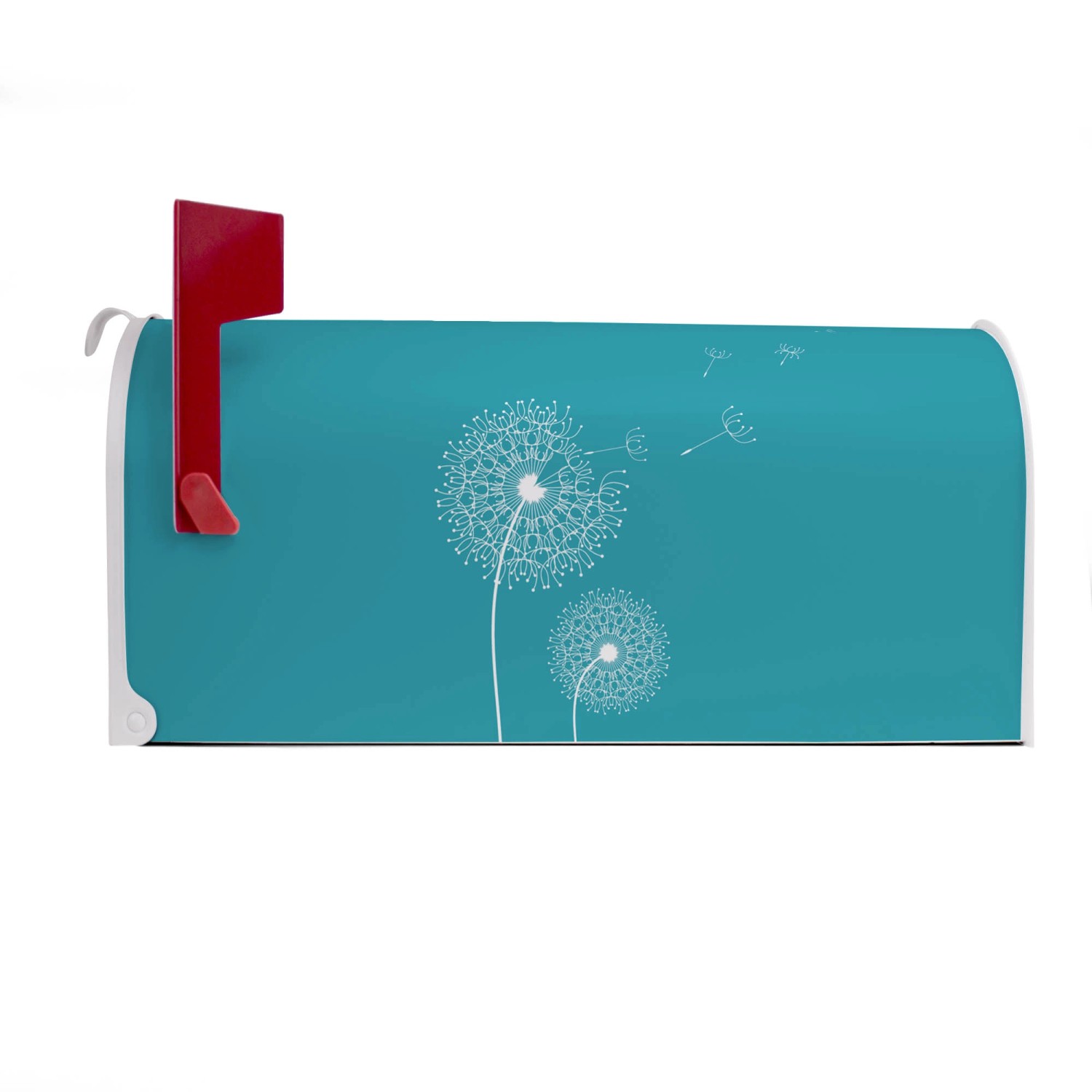 Türkiser Banjado US Briefkasten mit Pusteblumen Motiv, roter Fahne und Stahl Korpus.