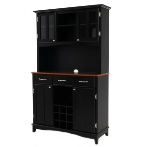 Schwarzes Costway Küchenbuffet mit Glasvitrine, Schubladen und Weinregal. Küchenschrank im Landhausstil.