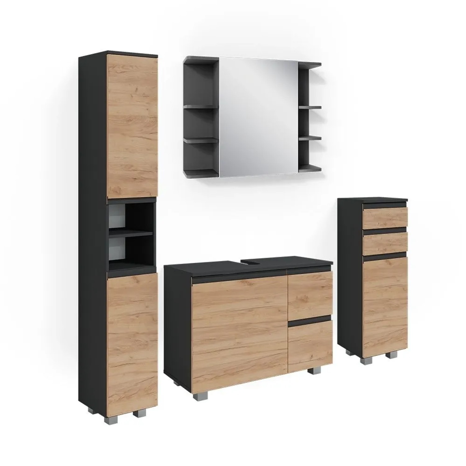 Vicco Badmöbel-Set J-Shape Anthrazit/Goldkraft Eiche 80 x 61 4-teilig