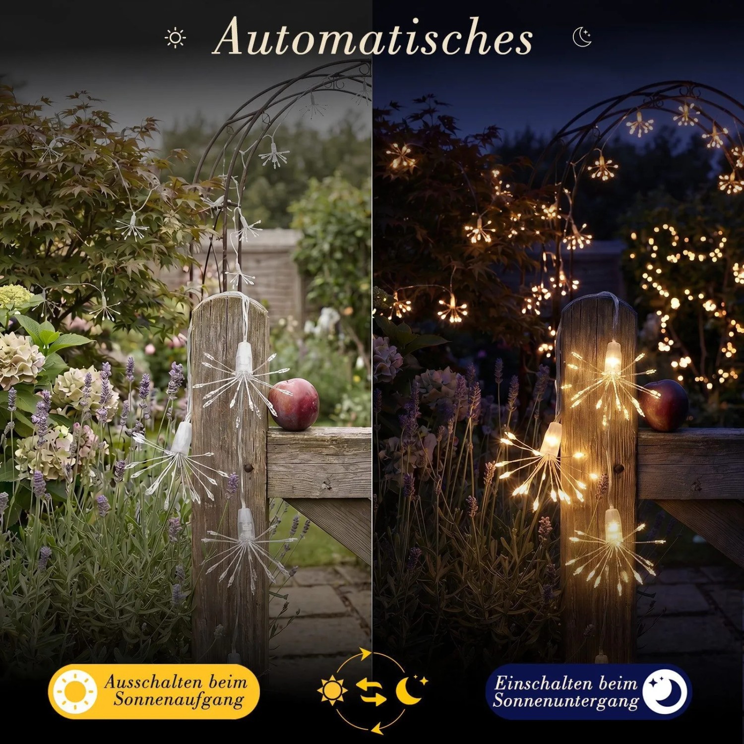 Salcar LED Solar Feuerwerk Lichterkette im Garten: Tag (aus) und Nacht (warmweiß leuchtend). Automatische Funktion.