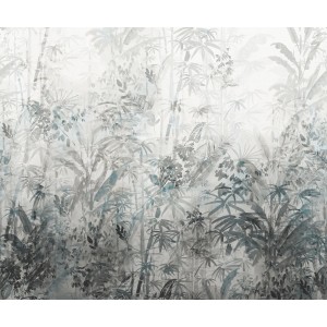 Komar Fototapete Wondrous Watermarks mit Aquarell-Dschungelmotiv in Grau- und Blautönen.