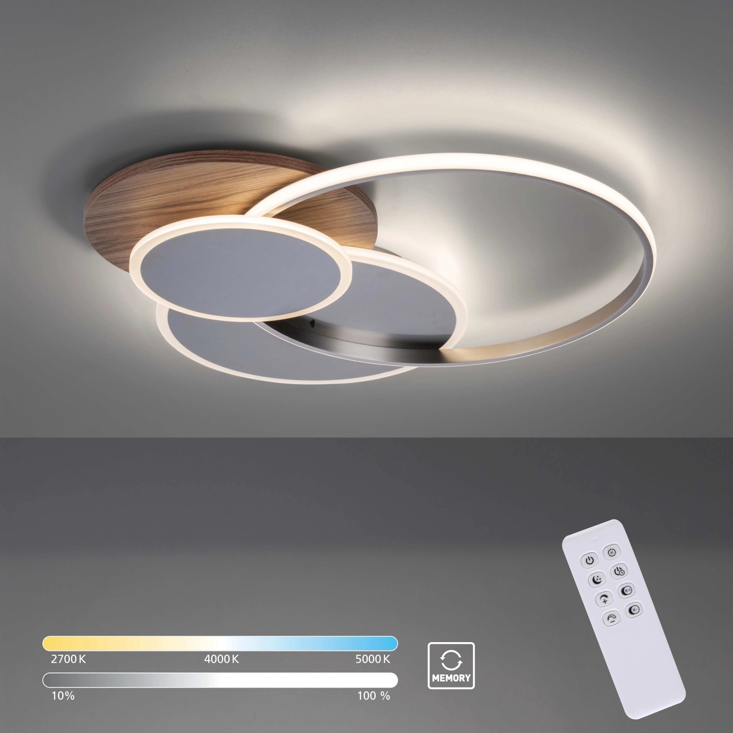 LED-Deckenleuchte Palma mit Holzdekor, dimmbar mit Fernbedienung. Moderne Deckenlampe für Wohnräume.