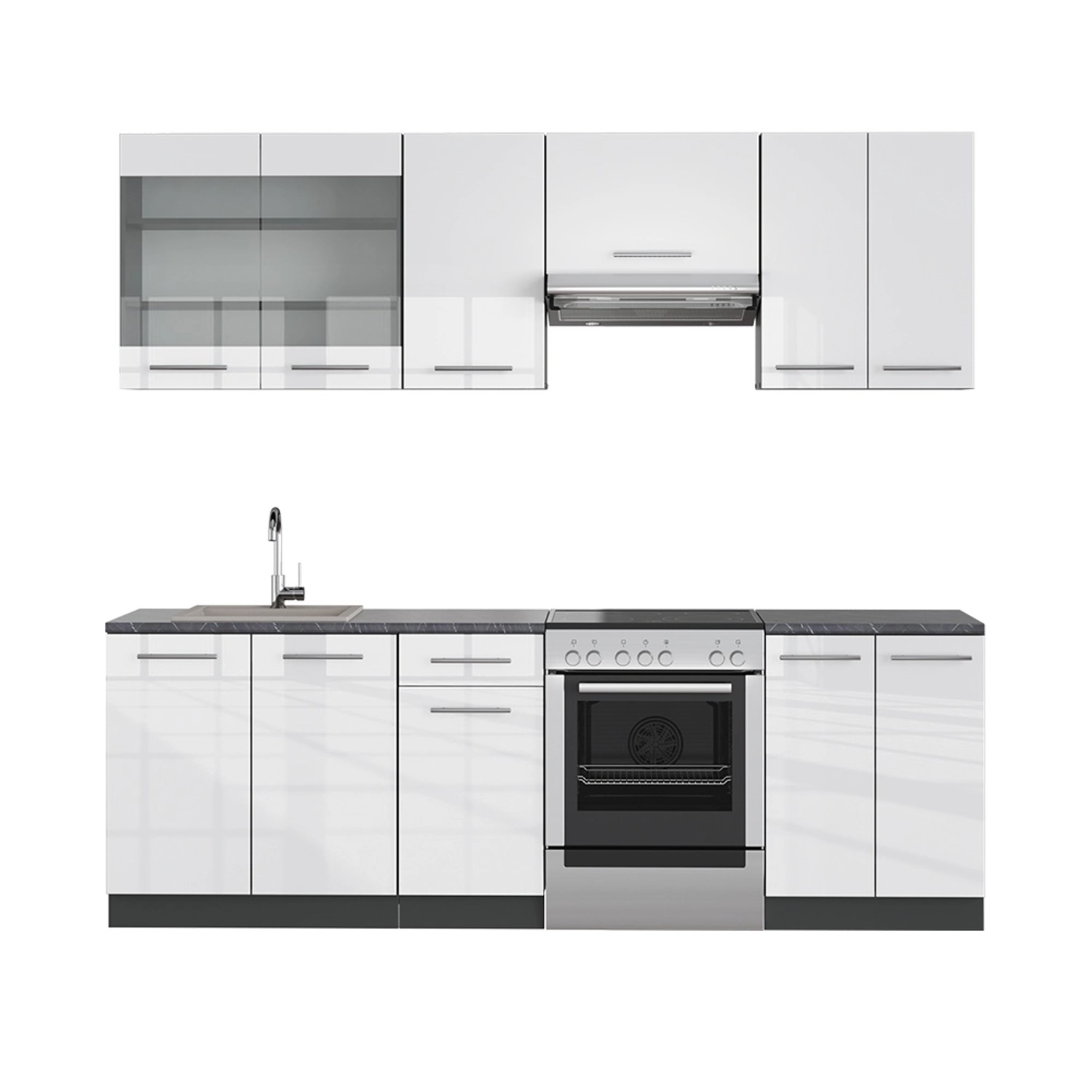 Vicco Fame-Line Küchenzeile Weiß Hochglanz/Anthrazit 240 cm AP Anthrazit günstig online kaufen