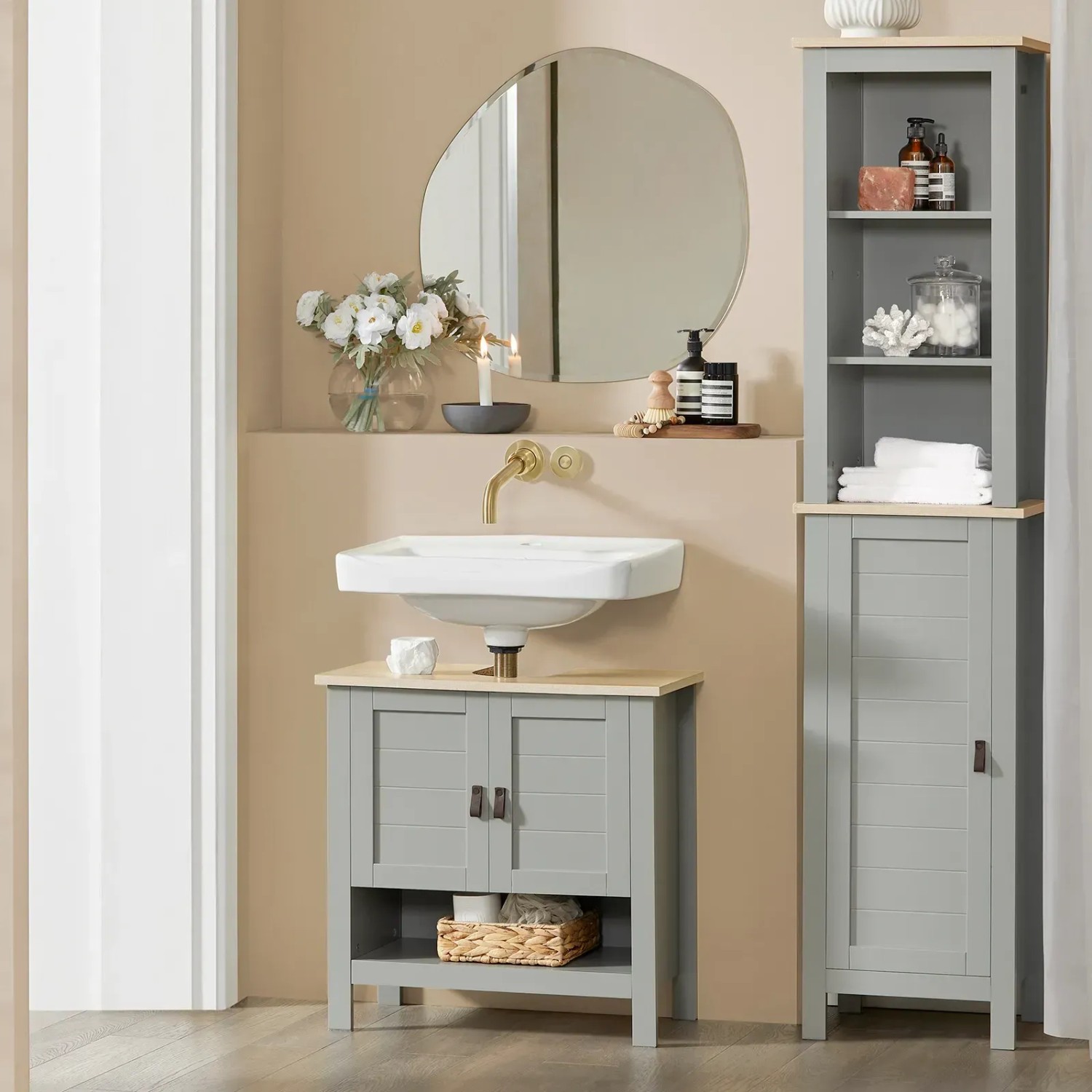 SoBuy Waschbeckenunterschrank Badschrank mit 2 Türen und 1 Fach 60x60x30cm Grau BZR69-HG_4