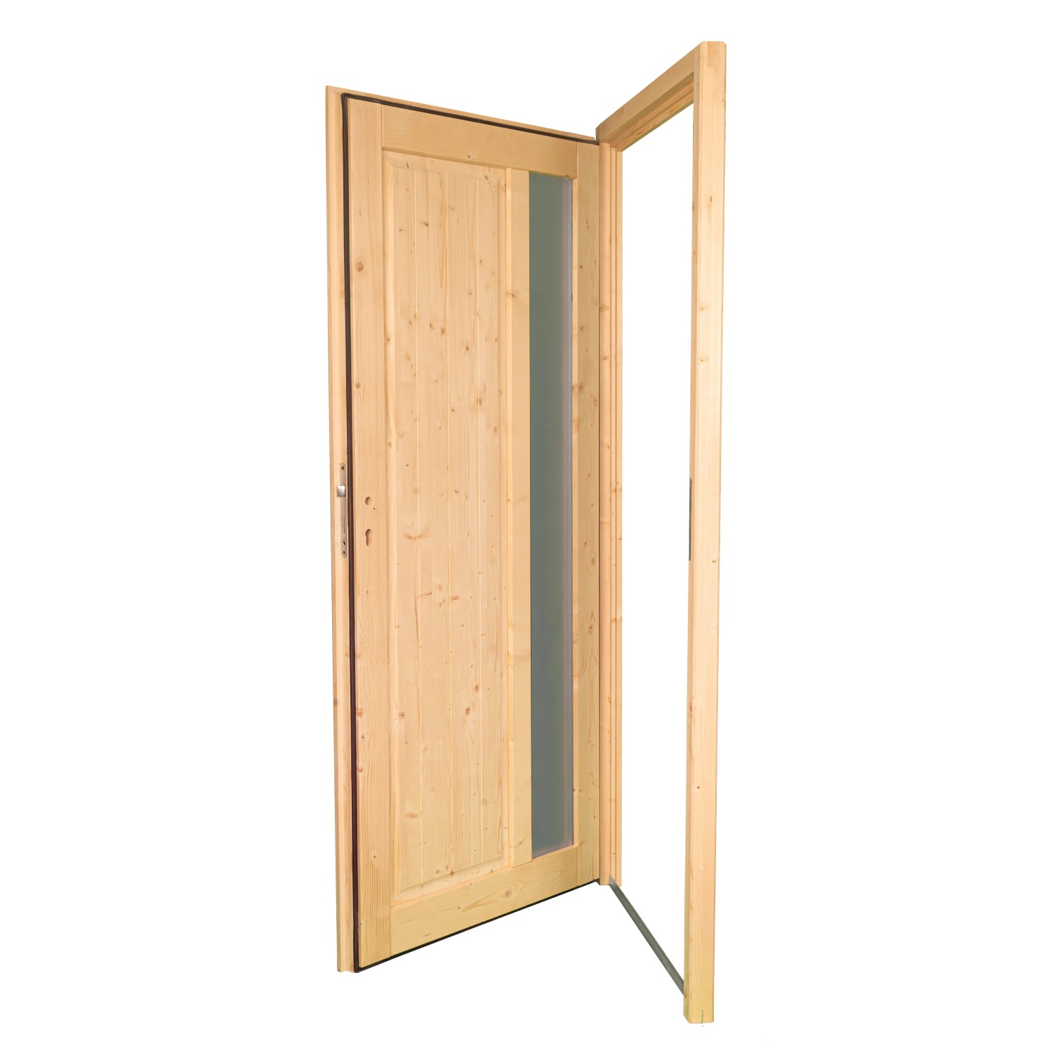 Geöffnete, naturbelassene Panto Nebeneingangstür NET 510 aus Fichte mit Glasausschnitt, Anschlag links.