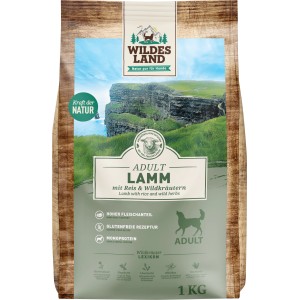 Wildes Land Hunde-Trockenfutter Lamm mit Reis, 1kg Packung für ausgewachsene Hunde.