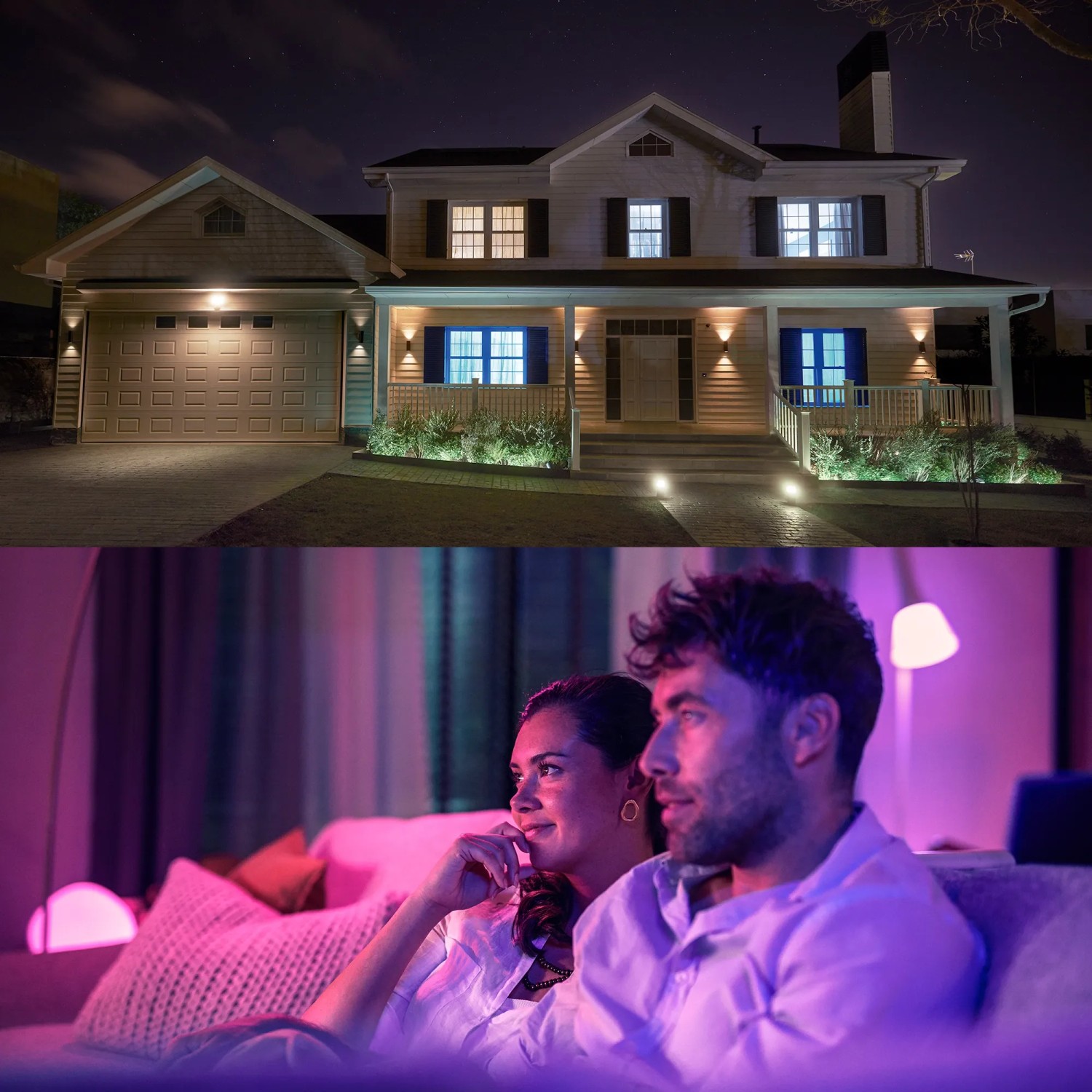 Philips Hue E27 LED-Lampe in Aktion: Hausbeleuchtung und gemütliches Ambiente im Wohnzimmer.