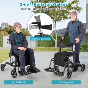 Costway Rollator, faltbar, schwarz, 2-in-1 Rollstuhl und Gehhilfe mit Sitz.
