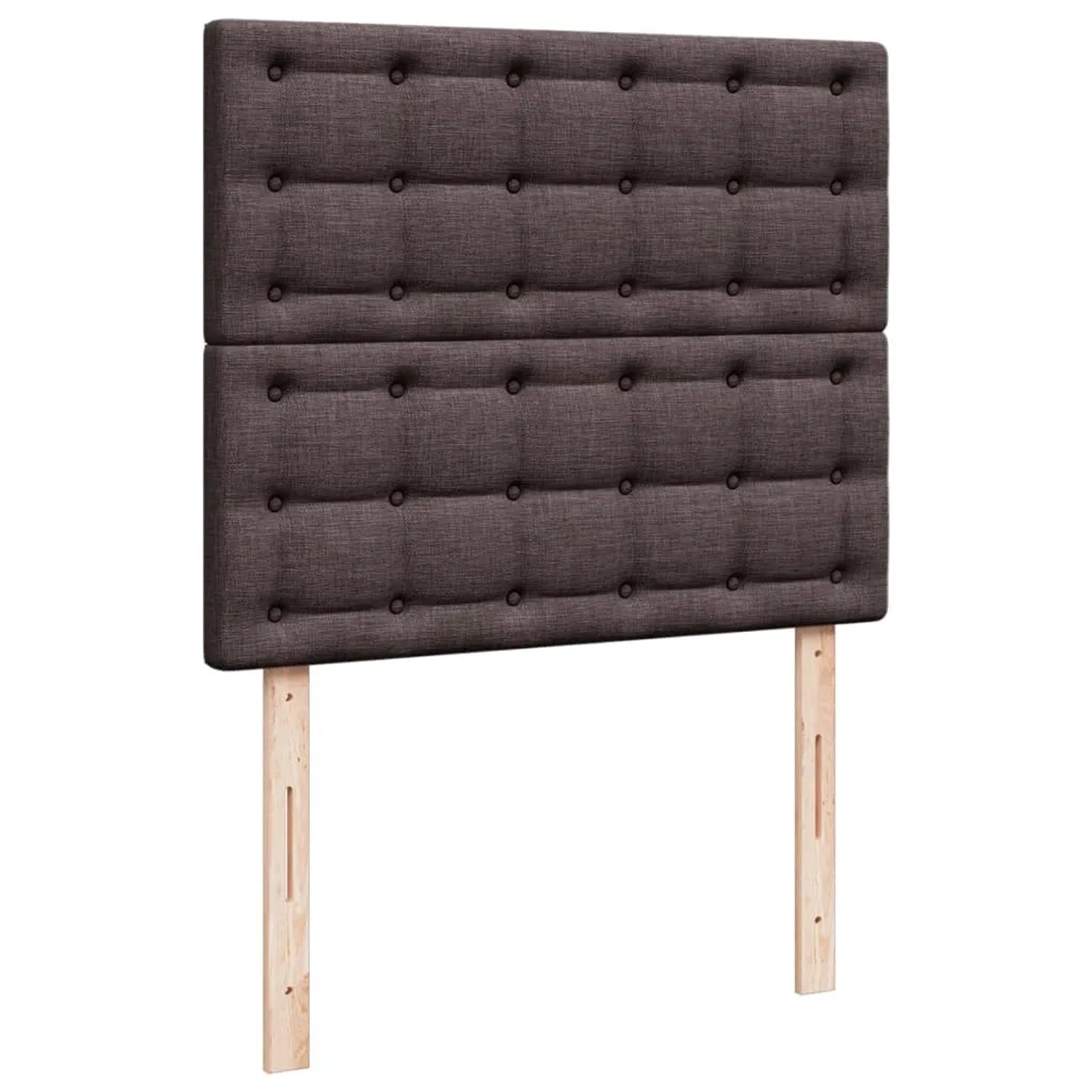 Dunkelbraunes Boxspringbett Kopfteil mit Knopfheftung und Holzfüßen.