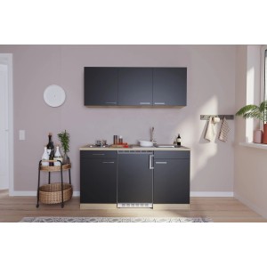Respekta Küchenzeile KB150ESS, 150 cm, Schwarz-Eiche Sägerau, mit Spüle, Kochfeld und Kühlschrank.