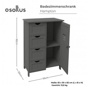 osoltus Badezimmerschrank Beistellschrank Hampton 55 x 30 x 82 cm Grau