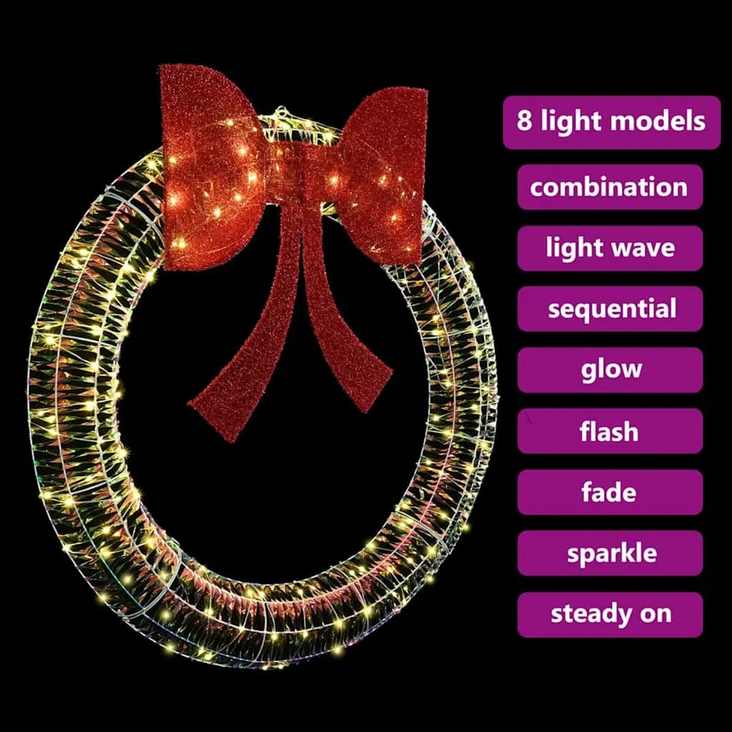 vidaXL Kranz mit LEDs, warmweiß, 120 cm, mit roter Schleife. Weihnachtsdeko für Innen und Außen.