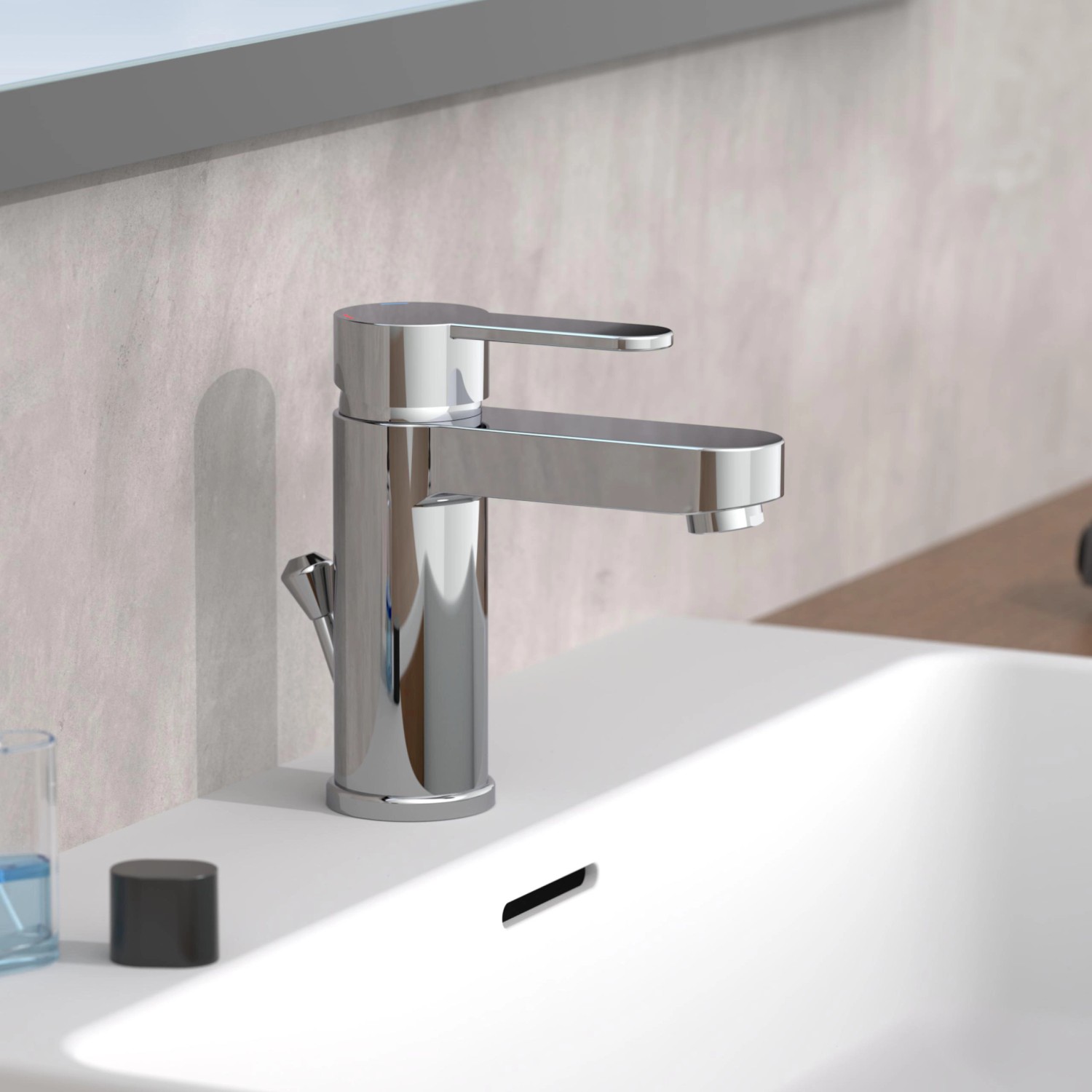 Schütte Waschtischarmatur Elephant Chrom auf weißem Waschbecken.