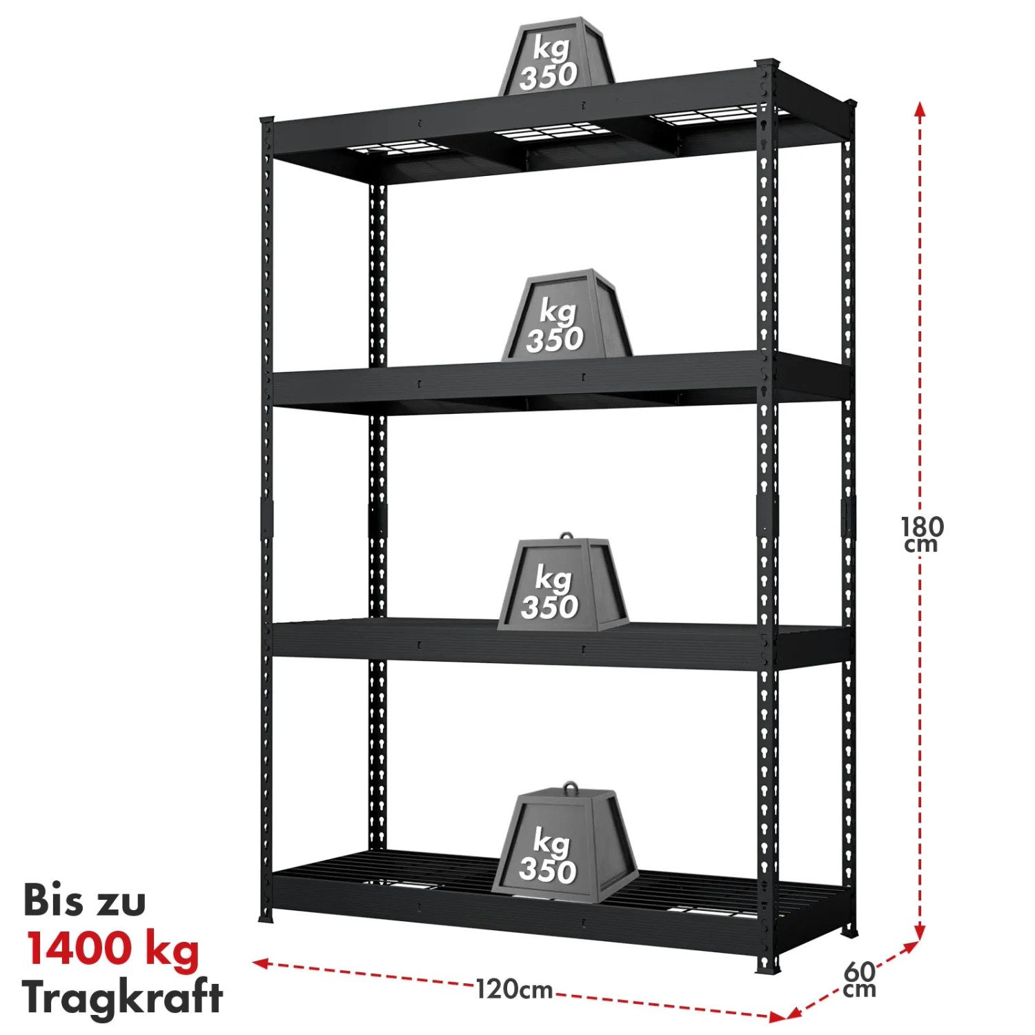 Floordirekt Schwerlastregal Yukon Rivet 4 Böden Schwarz 180 x 120 x 60 cm_8