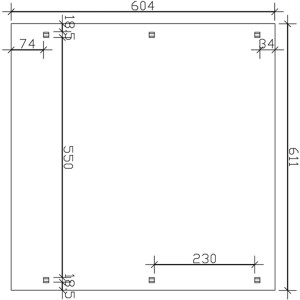 Skizze des Skan Holz Carport Spessart (611x604 cm) in Schiefergrau mit Maßangaben.