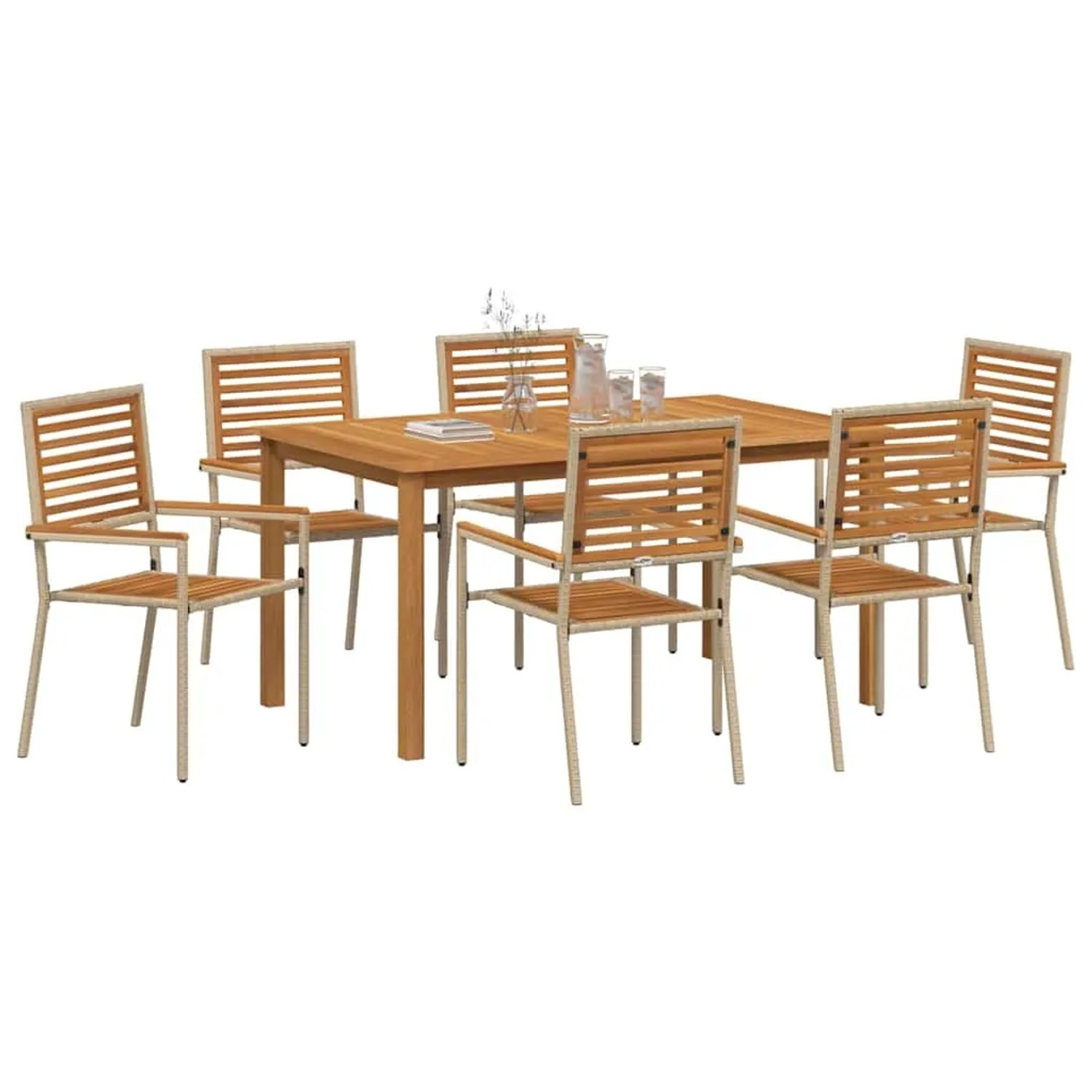 Beige vidaXL Garten Essgruppe, 7-teilig, Poly Rattan, mit Tisch und 6 Stühlen.