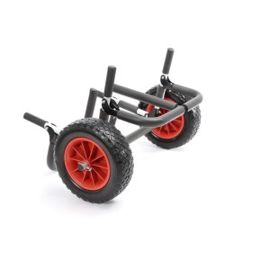 Klappbarer Toboli Transportwagen aus Aluminium mit roten Rädern für SUP, Kajak und Surfbrett.