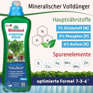 Blusana Hydroponik Dünger, 1L Flüssigdünger NPK 7-3-6 für Hydrokultur und Garten.