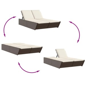VidaXL Doppel-Sonnenliege aus braunem Rattan mit Auflagen, verschiedene Positionen dargestellt.