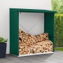 Moosgrünes EcoStar Kaminholzregal Elegant-V Typ 2 aus Metall, gefüllt mit Holzscheiten.