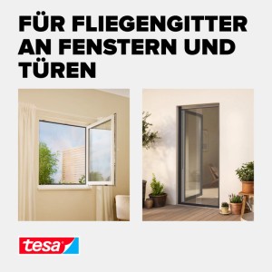 tesa Insect Stop Klettband Premium für Fliegengitter. Offenes Fenster und Terrassentür mit Insektenschutz.