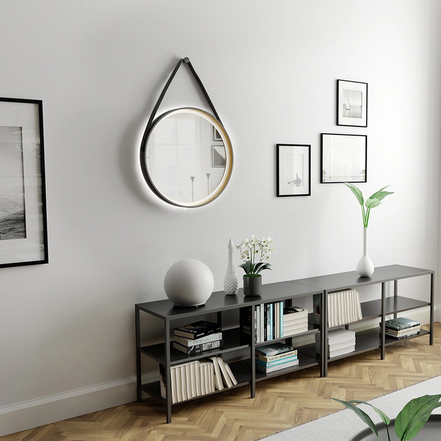 Runder DSK Design LED-Lichtspiegel Black Verano, Ø 55 cm, mit Lederbandaufhängung.