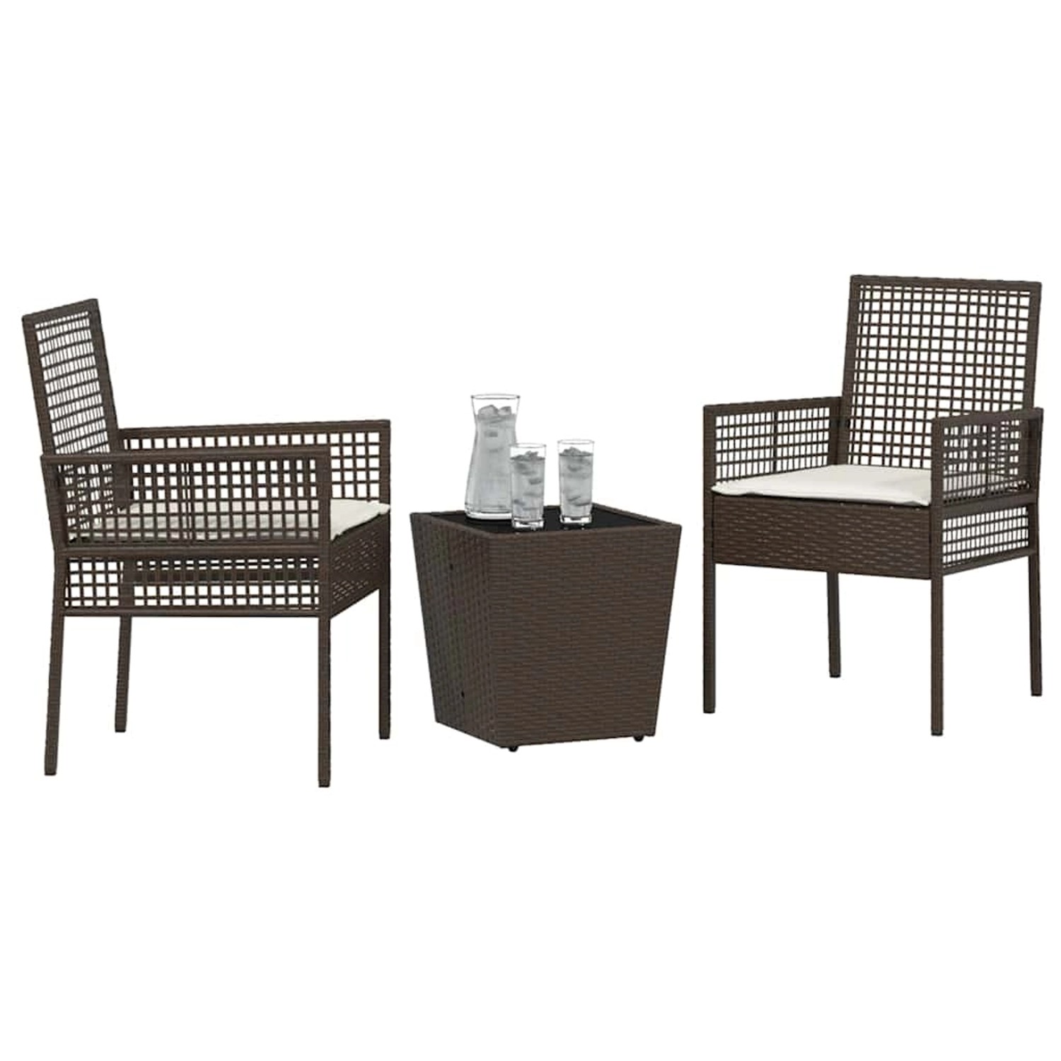 Braunes 3-tlg. vidaXL Garten Bistro Set aus Poly Rattan mit Tisch, 2 Stühlen und Kissen.