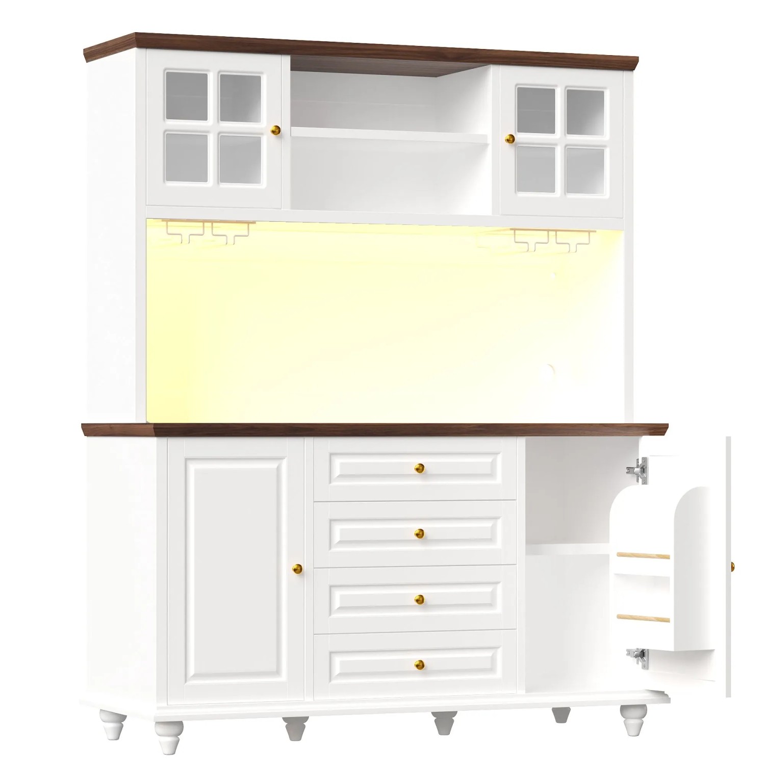Merax Highboard Küchenschrank mit RGB-LED  Verstellbaren Böden  Weinglashalter  Weiß