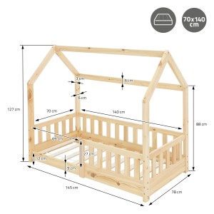 ML-Design Kinderbett 70x140 cm aus Naturholz mit Rausfallschutz und Lattenrost, Hausbett