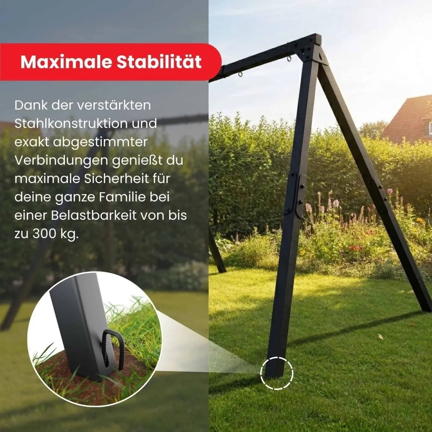 Detailaufnahme der stabilen Metall Doppelschaukel von K-Sport mit Bodenanker im Garten.