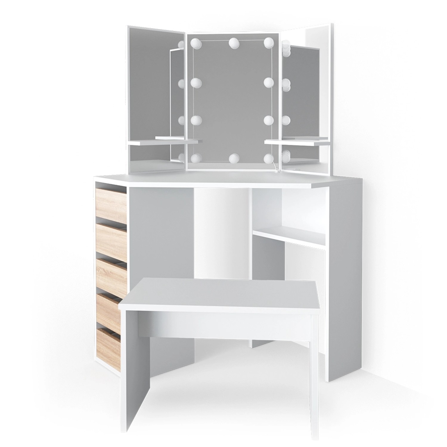 Vicco Eckschminktisch Arielle Weiß/Sonoma/Sonoma 110 cm mit LED Beleuchtung günstig online kaufen