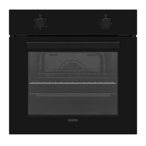 Schwarzer Einbau-Backofen mit zwei Drehknöpfen und Glastür. Passend für moderne Einbauküchen und Küchenzeilen.