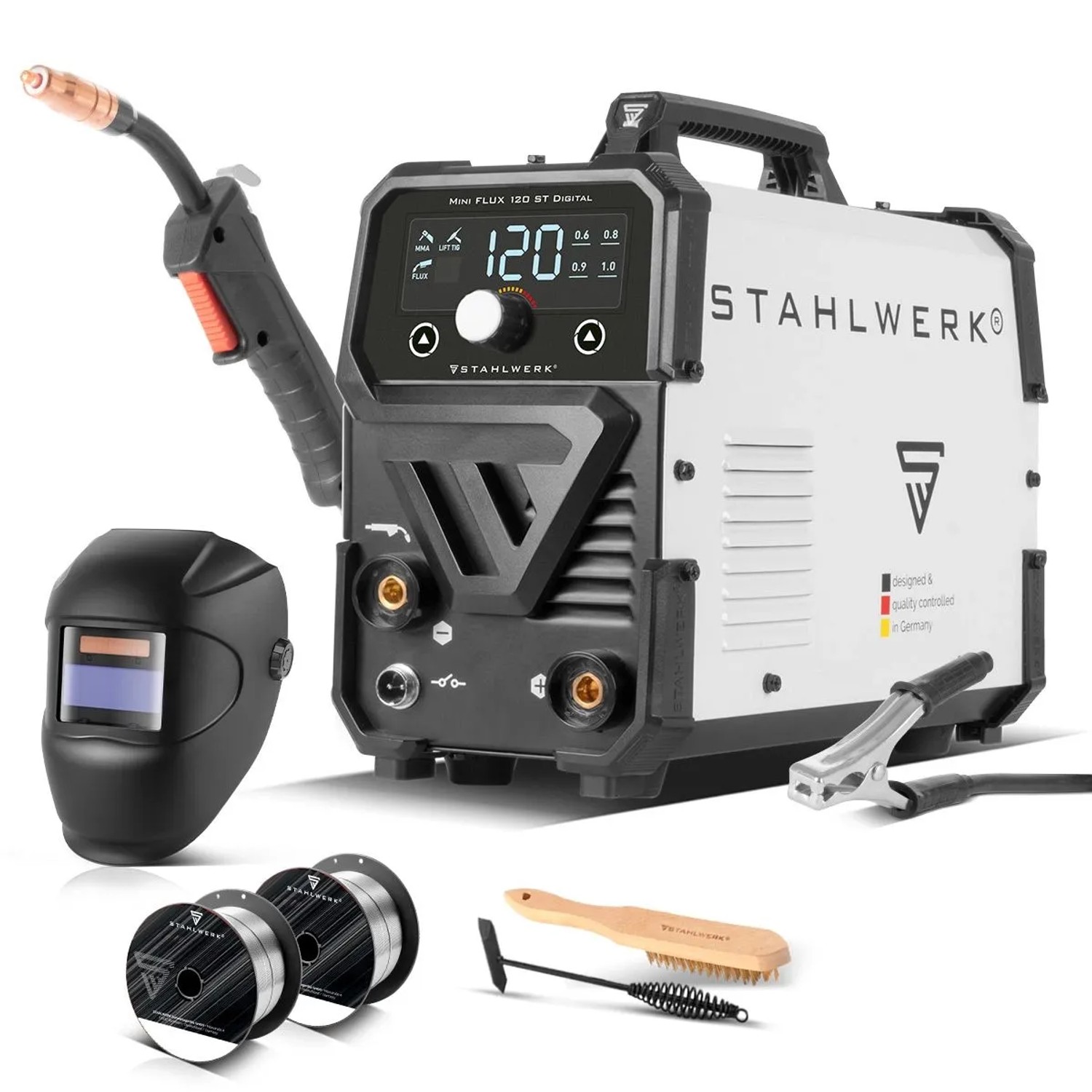 STAHLWERK Schweißgerät FLUX 120 ST Digital Vollausstattung mit Zubehör und Schweißhelm.