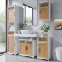 MCW Badmöbel-Set A85: Hochschrank, Hängeschrank, Waschbeckenunterschrank, Kommode in Weiß/Bambus-Optik.