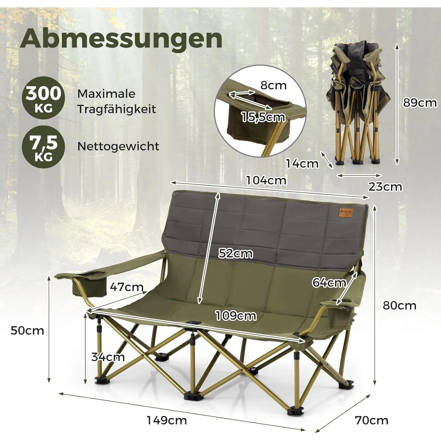 Grüner, gepolsterter Costway Campingstuhl für 2 Personen, klappbar, mit Metallrahmen und Getränkehaltern. Abmessungen und Faltmaß.