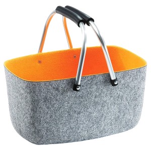 Grau-orangener Filzkorb Einkaufskorb von Kobolo mit Klappbügel und Aluminiumgriff, 36x22x18 cm.