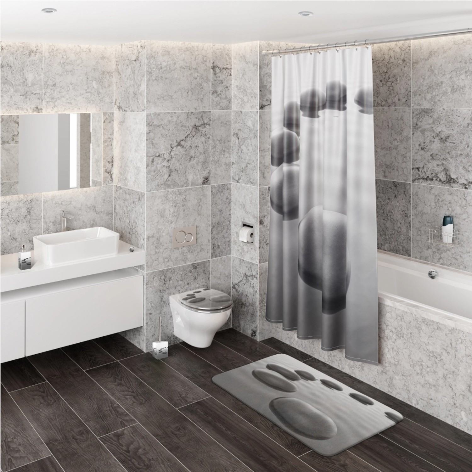 Sanilo Pop Up Waschbeckenstöpsel Black Stones im Badezimmer mit Dusche und Waschbecken.