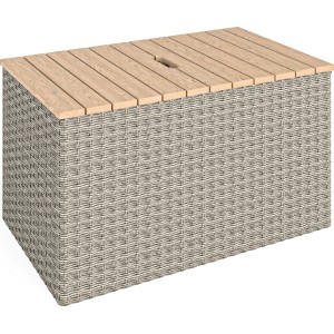 Detailansicht: Hellbraune Polyrattan Gartenbank/Tisch des Lounge-Sets Bostonia mit Holzplatte.