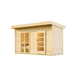 Weka Saunahaus Farsund mit Vorraum und bodentiefem Fenster aus naturbelassenem Holz.