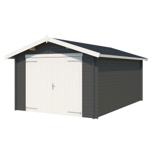 Carbongraue Lasita Garage Mauritius mit weißem Doppeltor, 330x510 cm.
