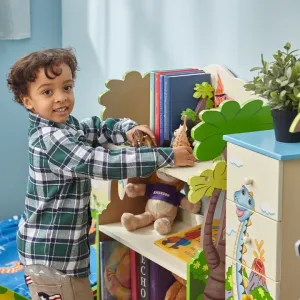 Blaues Teamson Kids Bücherregal mit Dinosaurier-Motiv und Stauraum im Kinderzimmer.